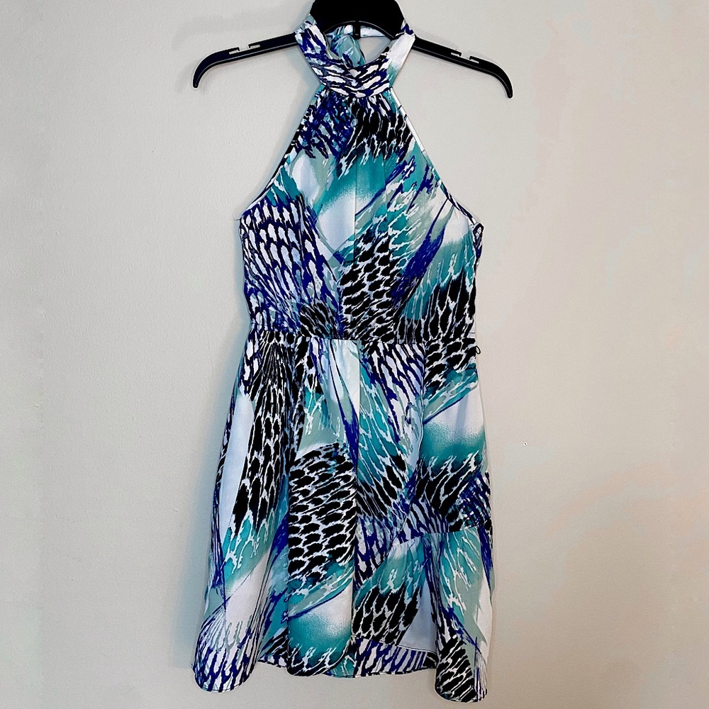 City Triangles Tie Back Teal White Halter Dress